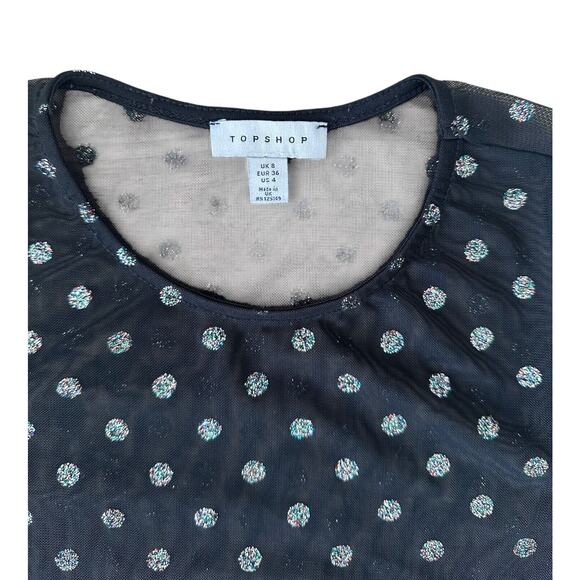 Topshop Women's Mesh Glitter Dotted Top Long Sleeve Sheer Size 4 Black - Picture 4 of 7